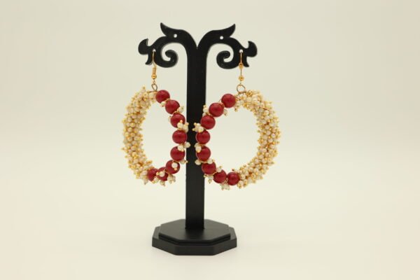 Stunning Hoop Earrings Featuring L'Oreal Pearls and Red Glass Beads