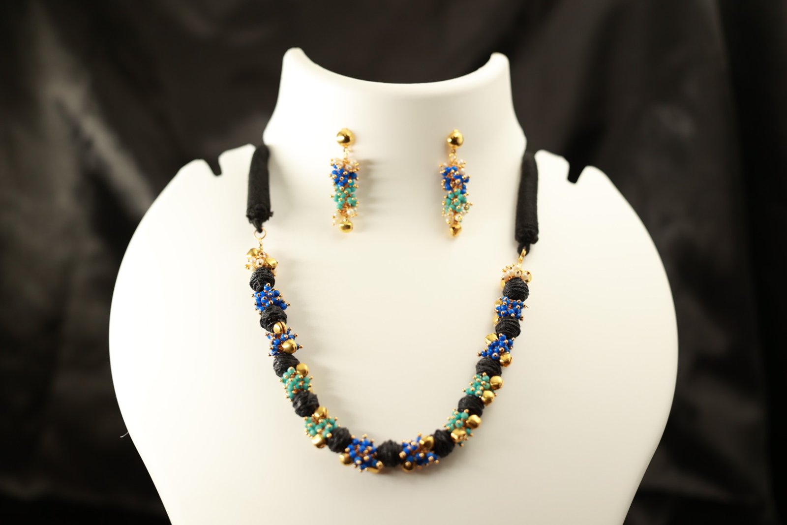 Stunning Necklace of Sky blue and Royal blue loreal beads, Black Cotton Thread beads and Ghunghroos