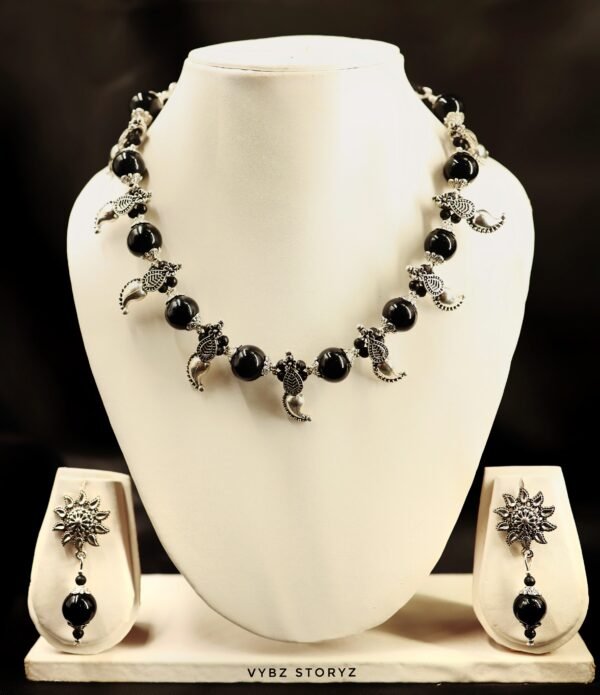 Elegant Silver Oxidised Kolhapuri Mango Spacers Necklace Set