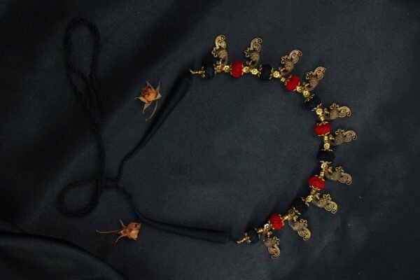 Elegant Black and Maroon Cotton Thread Necklace Set with Peacock Charms