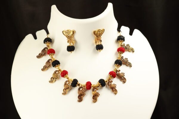 Elegant Black and Maroon Cotton Thread Necklace Set with Peacock Charms - Image 2