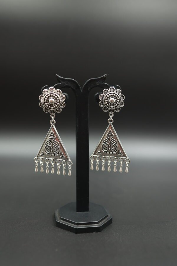 Elegant Silver Oxidised Triangle Shaped Earrings with Floral Studs