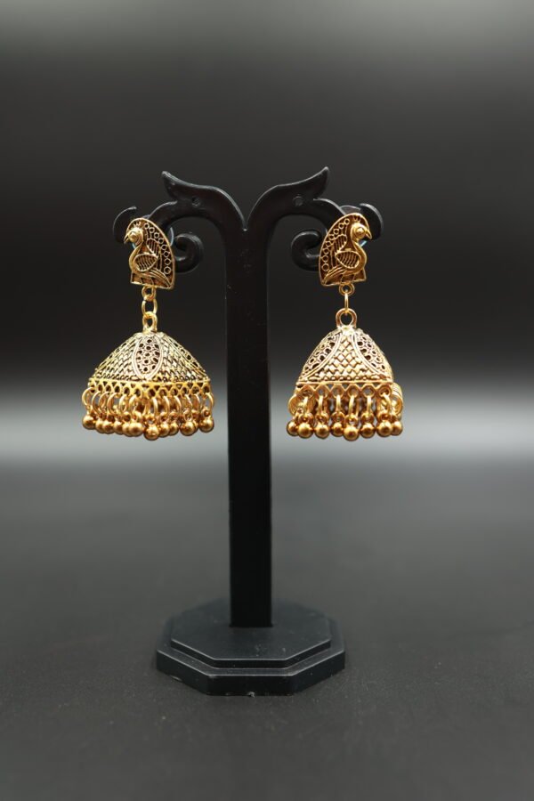 Elegant Handmade Gold Oxidised Jumka with Peacock Designed Studs