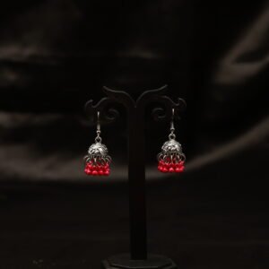 Elegant Simple Silver Oxidised Jumka with Pink Hanging Beads