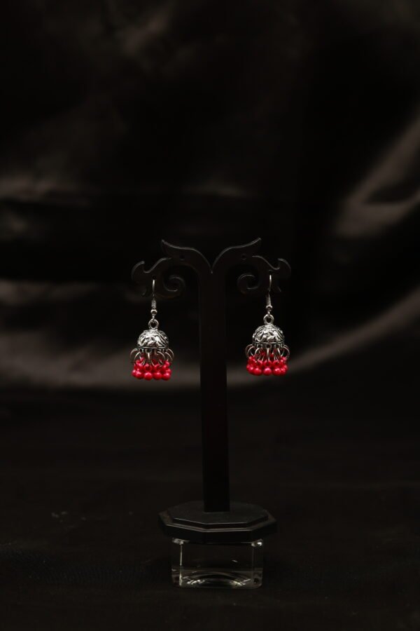 Elegant Simple Silver Oxidised Jumka with Pink Hanging Beads