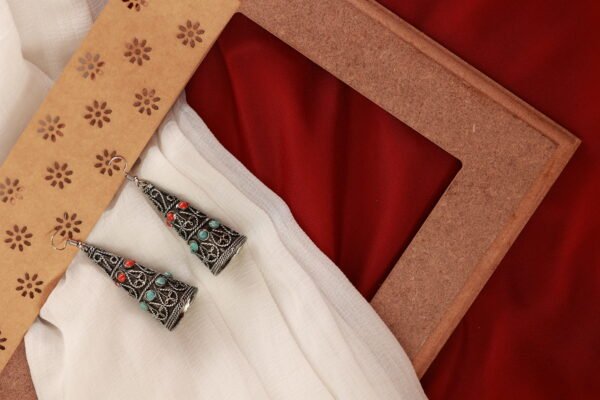 Elevate Your Style with Silver Oxidized Tibetan Conical Shaped Large Statement Earrings - Image 2