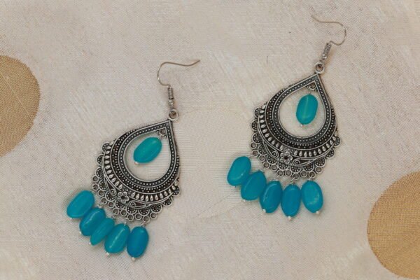 Elegant Silver Oxidised Multi-Loop Chandelier Blue Earrings