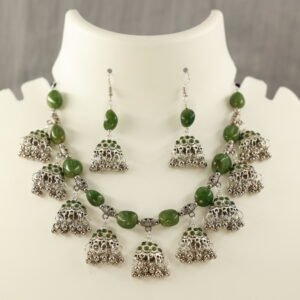 Elegant Silver Oxidised Necklace Set with Green Kundan and Agate Stones