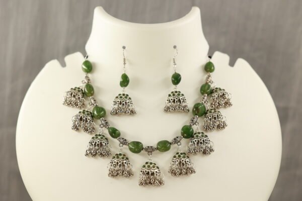 Elegant Silver Oxidised Necklace Set with Green Kundan and Agate Stones