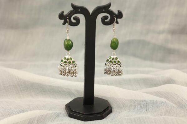 Exquisite Oval Shaped Silver Earrings with Green Kundan and Agate Stones