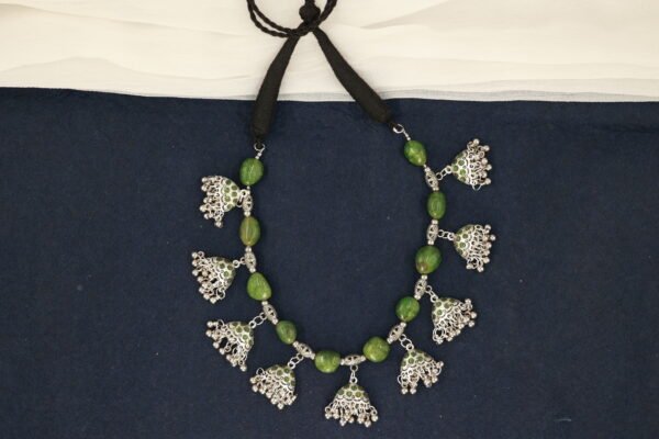 Elegant Silver Oxidised Necklace Set with Green Kundan and Agate Stones - Image 3