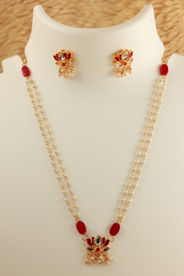 Elegance Redefined: Red Lotus Meenakari Kundan Choker with Pearl Chain