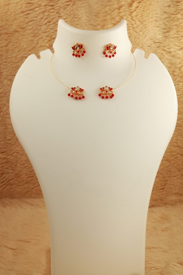 Elegant Gold Choker Necklace with Red Jadau Lotus and Red crystal hanging beads - Image 2