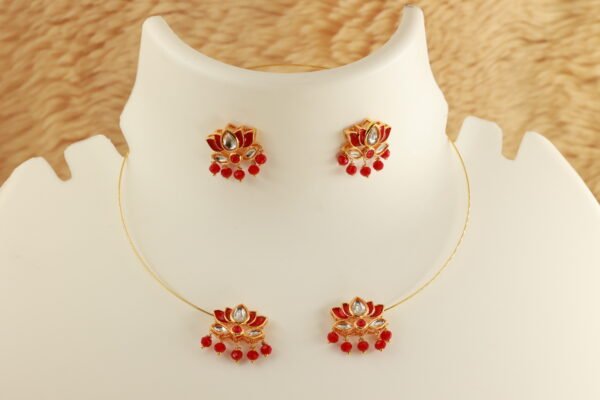 Elegant Gold Choker Necklace with Red Jadau Lotus and Red crystal hanging beads