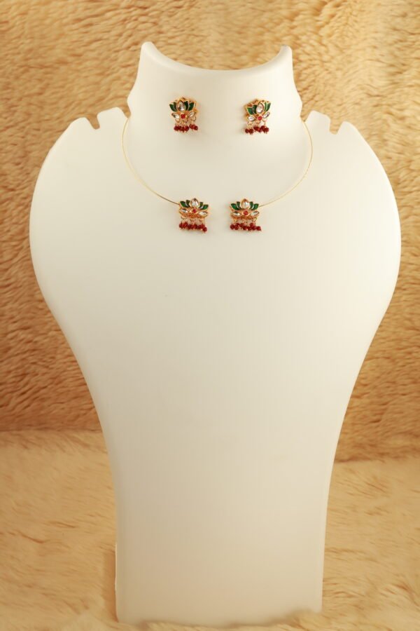 Elegant Gold Choker Necklace with Green Jadau Lotus and Maroon hanging beads - Image 2