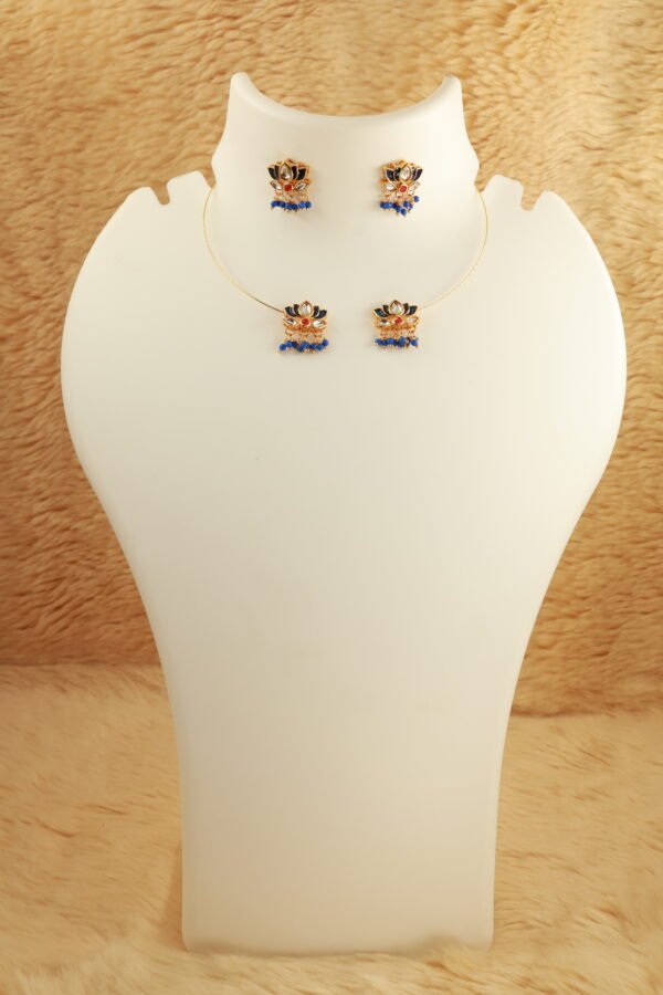 Elegant Gold Choker Necklace with Blue Jadau Lotus and Blue hanging beads - Image 2