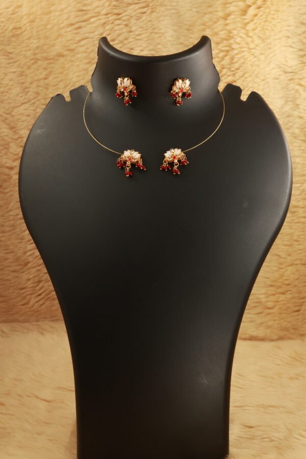 Elegant Gold Choker Necklace with Small White and Red Jadau Lotus with Maroon beads - Image 2