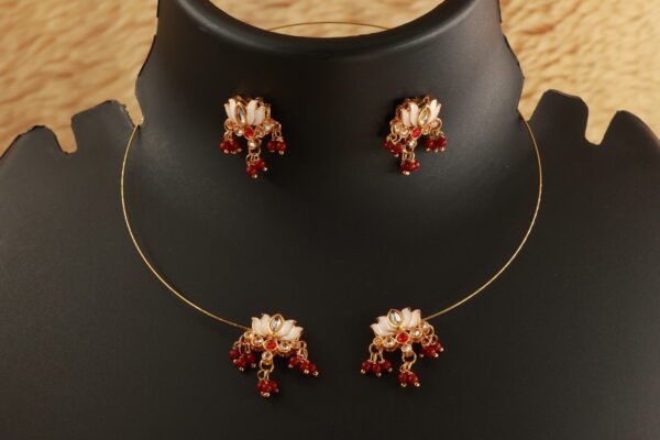 Elegant Gold Choker Necklace with Small White and Red Jadau Lotus with Maroon beads
