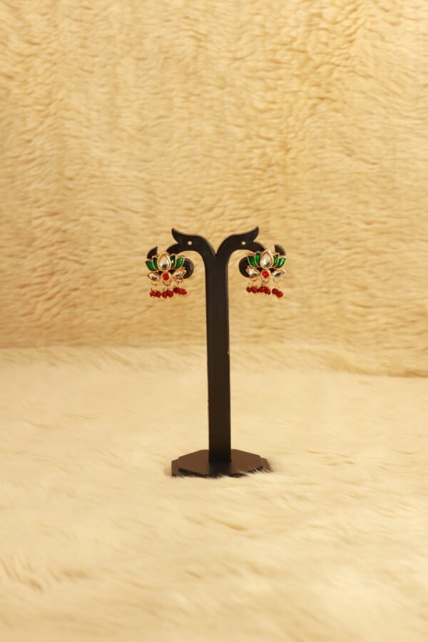 Elegant Gold Choker Necklace with Green Jadau Lotus and Maroon hanging beads - Image 3