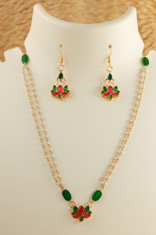 Elegance Redefined: Green and Red Lotus Meenakari Kundan Choker with Pearl Chain - Image 6