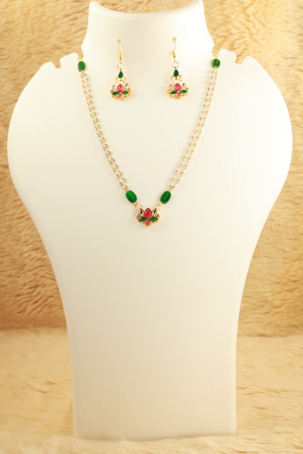 Elegance Redefined: Green, Red and White Lotus Meenakari Kundan Choker with Pearl Chain - Image 2