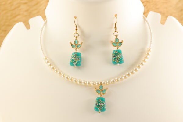 Elegant Memory Wired Faux Pearl Necklace Set with Sea Blue Meenakari Kundan Tumble bead - Image 5
