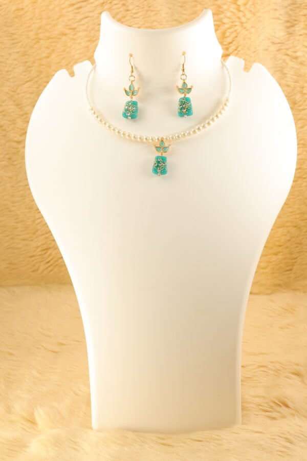 Elegant Memory Wired Faux Pearl Necklace Set with Sea Blue Meenakari Kundan Tumble bead - Image 2