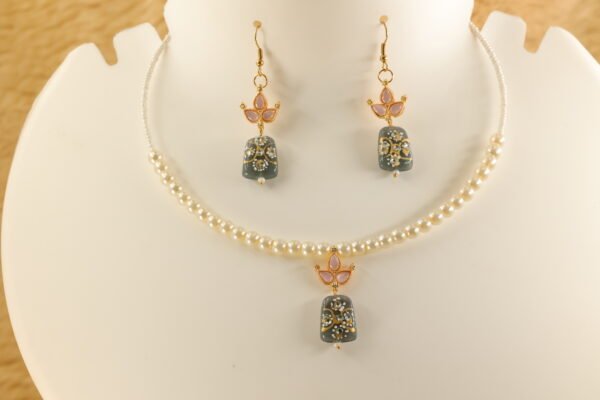 Elegant Memory Wired Faux Pearl Necklace Set with Grey Meenakari Kundan Tumble bead - Image 2