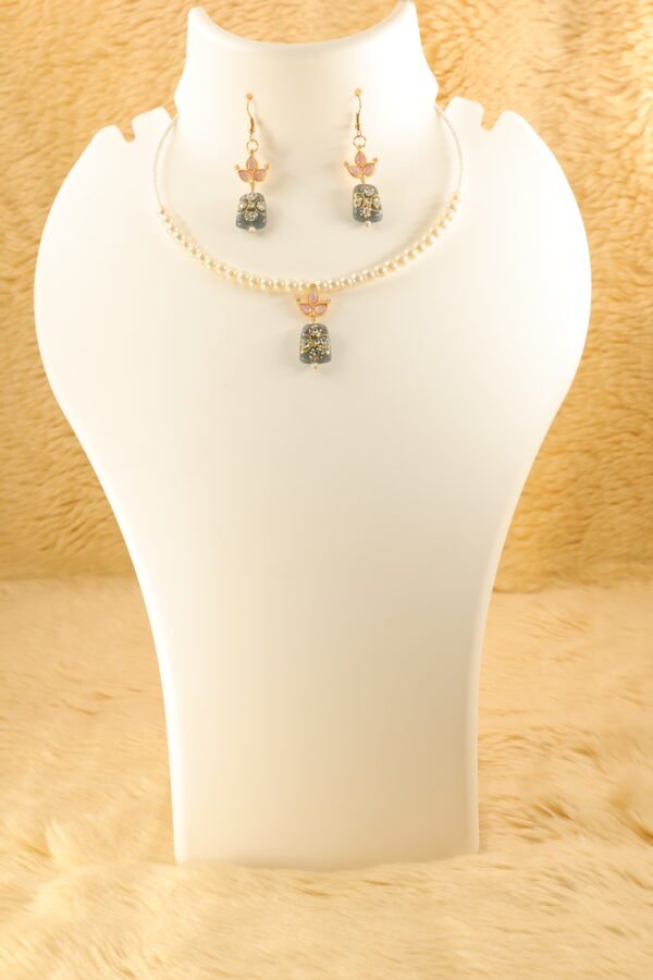Elegant Memory Wired Faux Pearl Necklace Set with Grey Meenakari Kundan Tumble bead - Image 3