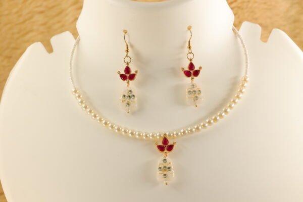 Elegant Memory Wired Faux Pearl Necklace Set with White Meenakari Kundan Tumble bead - Image 3