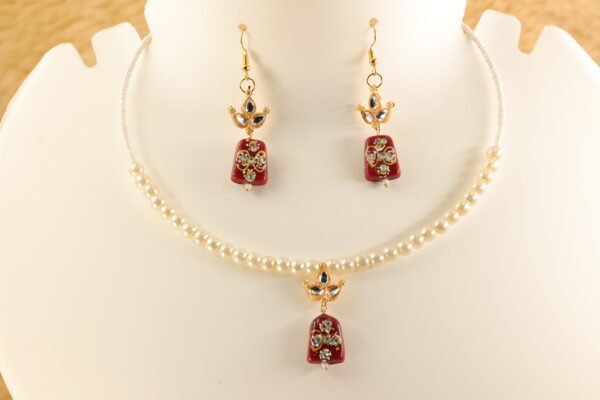 Elegant Memory Wired Faux Pearl Necklace Set with Red Meenakari Kundan Tumble bead - Image 3