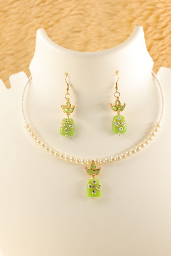 Elegant Memory Wired Faux Pearl Necklace Set with Light Green Meenakari Kundan Tumble bead - Image 3