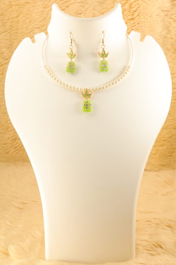 Elegant Memory Wired Faux Pearl Necklace Set with Light Green Meenakari Kundan Tumble bead - Image 4