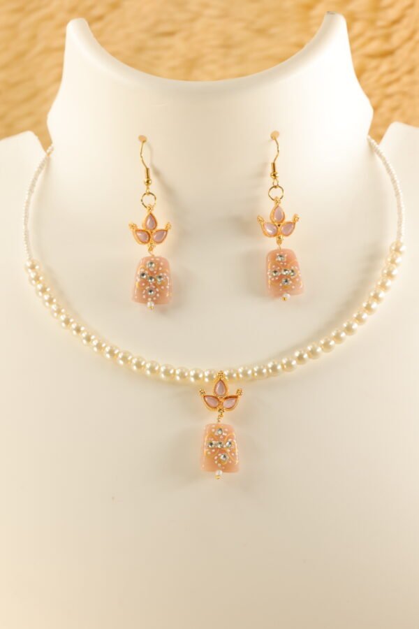 Elegant Memory Wired Faux Pearl Necklace Set with Pastel Pink Meenakari Kundan Tumble bead - Image 2