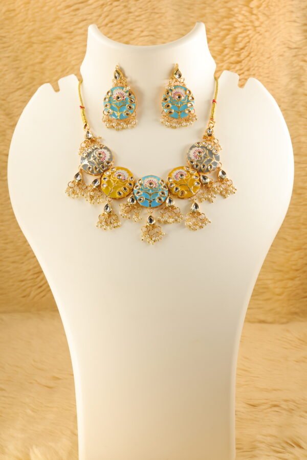 Vibrant Multi-Color (Yellow, Blue and Grey) Meenakari Kundan Necklace Set - Image 4