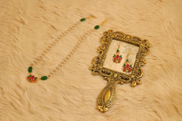 Elegance Redefined: Green and Red Lotus Meenakari Kundan Choker with Pearl Chain