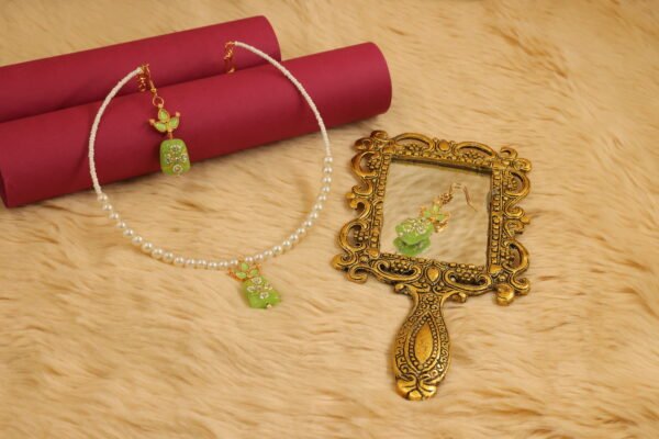 Elegant Memory Wired Faux Pearl Necklace Set with Light Green Meenakari Kundan Tumble bead