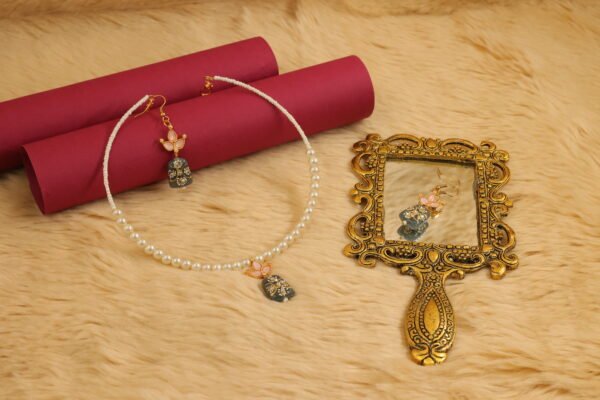 Elegant Memory Wired Faux Pearl Necklace Set with Grey Meenakari Kundan Tumble bead