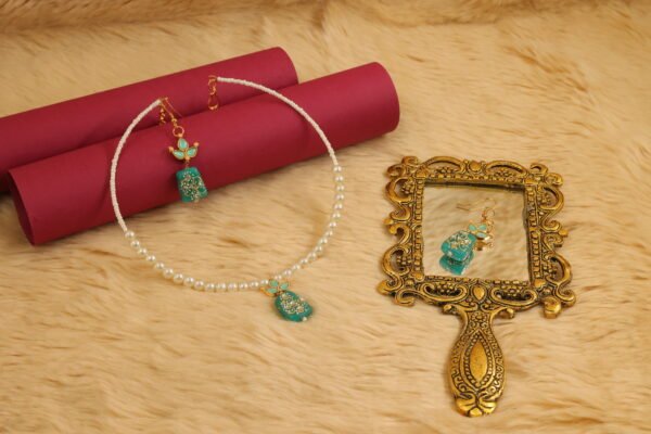 Elegant Memory Wired Faux Pearl Necklace Set with Sea Blue Meenakari Kundan Tumble bead