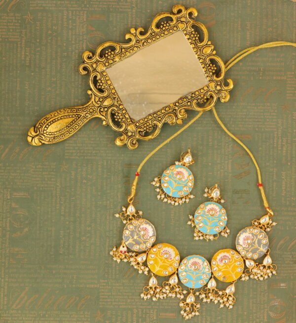 Vibrant Multi-Color (Yellow, Blue and Grey) Meenakari Kundan Necklace Set - Image 2
