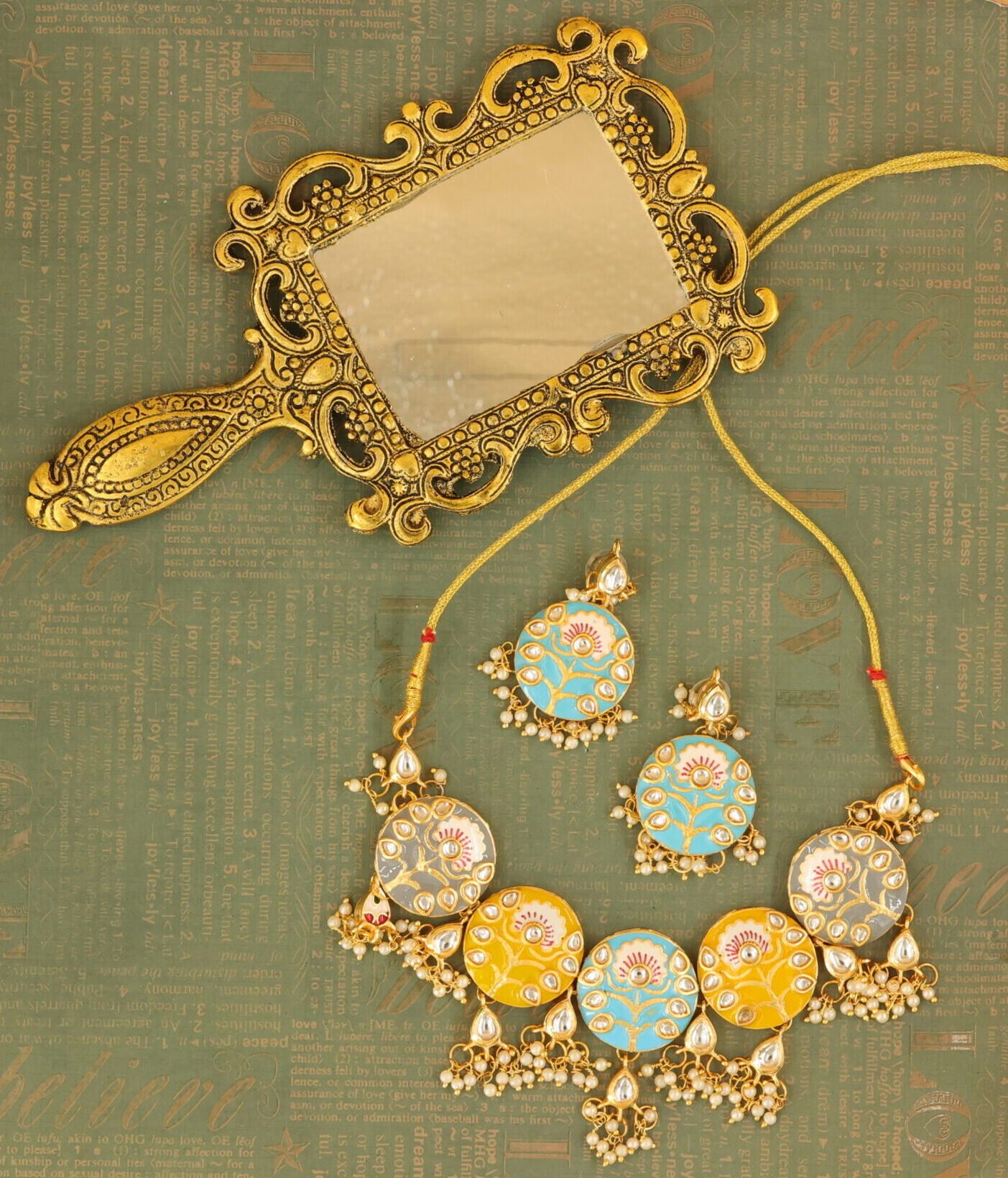 Vibrant Multi-Color (Yellow, Blue and Grey) Meenakari Kundan Necklace Set - Image 2