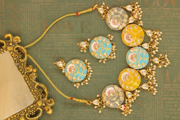 Vibrant Multi-Color (Yellow, Blue and Grey) Meenakari Kundan Necklace Set