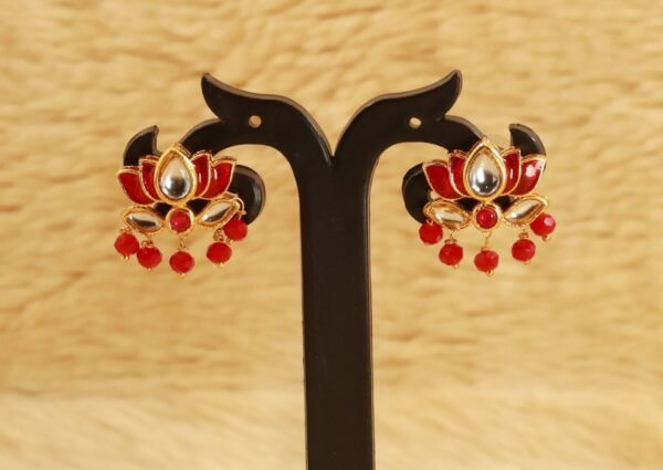 Elegant Gold Choker Necklace with Red Jadau Lotus and Red crystal hanging beads - Image 3