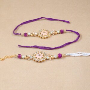 Rakhi and Lumba Set with Enamel Kundan Centerpiece - Pastel Pink