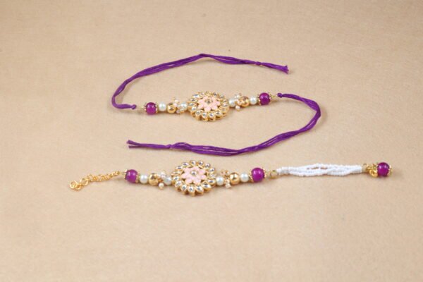 Rakhi and Lumba Set with Enamel Kundan Centerpiece - Pastel Pink