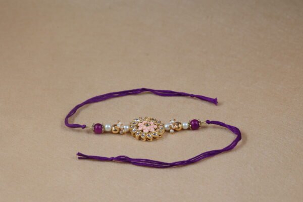 Rakhi and Lumba Set with Enamel Kundan Centerpiece - Pastel Pink - Image 2