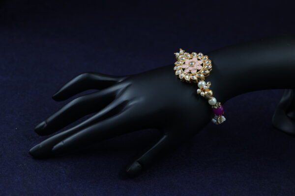 Rakhi and Lumba Set with Enamel Kundan Centerpiece - Pastel Pink - Image 3