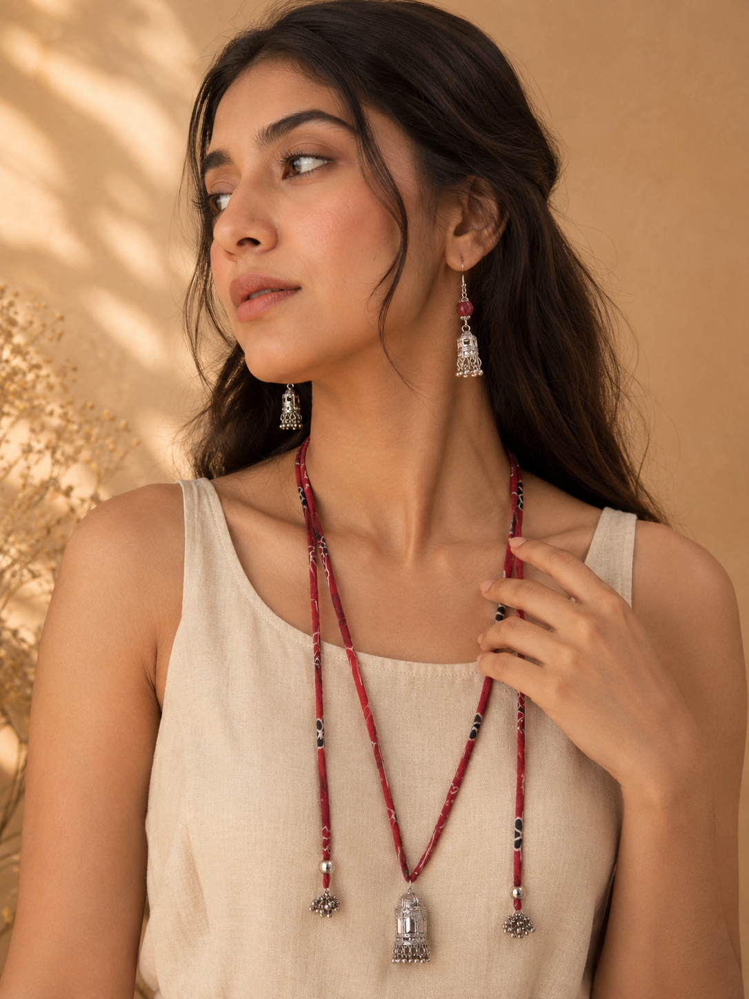 Versatile Open-Ended Red Brick Fabric Necklace piece