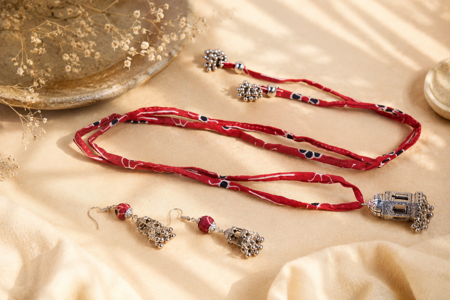 Versatile Open-Ended Red Brick Fabric Necklace piece - Image 2