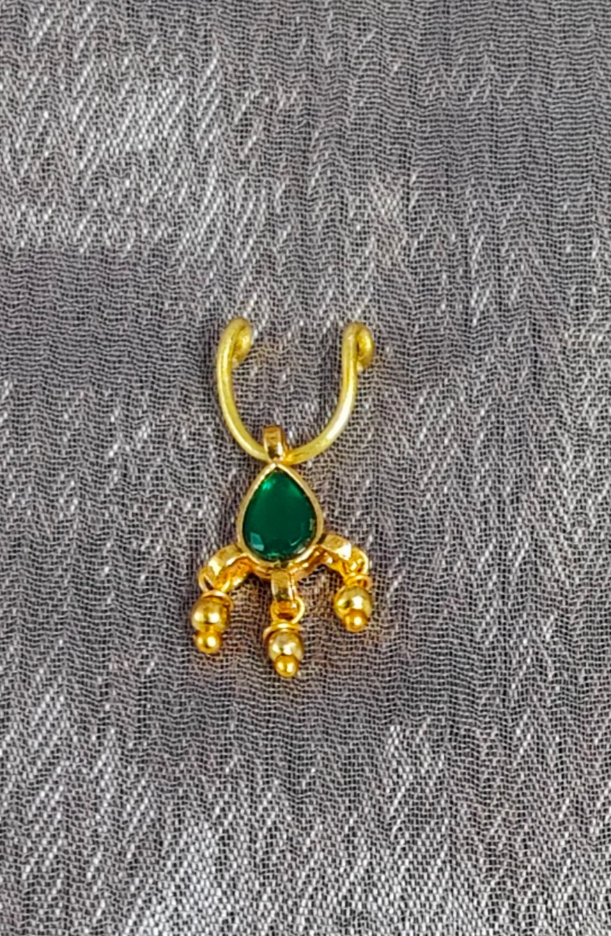 Small Septum Pin with Green Polki Charm - Image 4